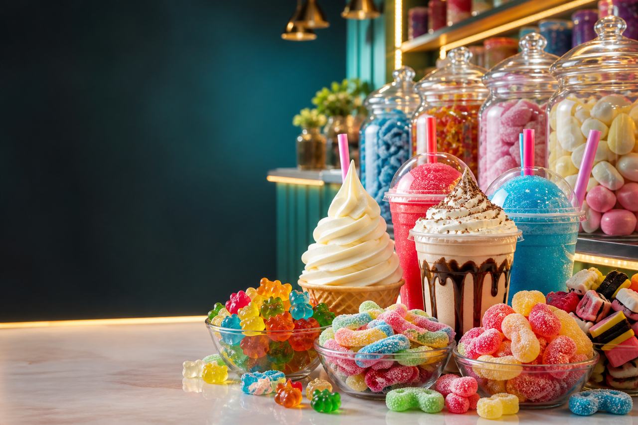 Colorful candy, soft serve, slushies, and a milkshake arranged on a polished candy counter